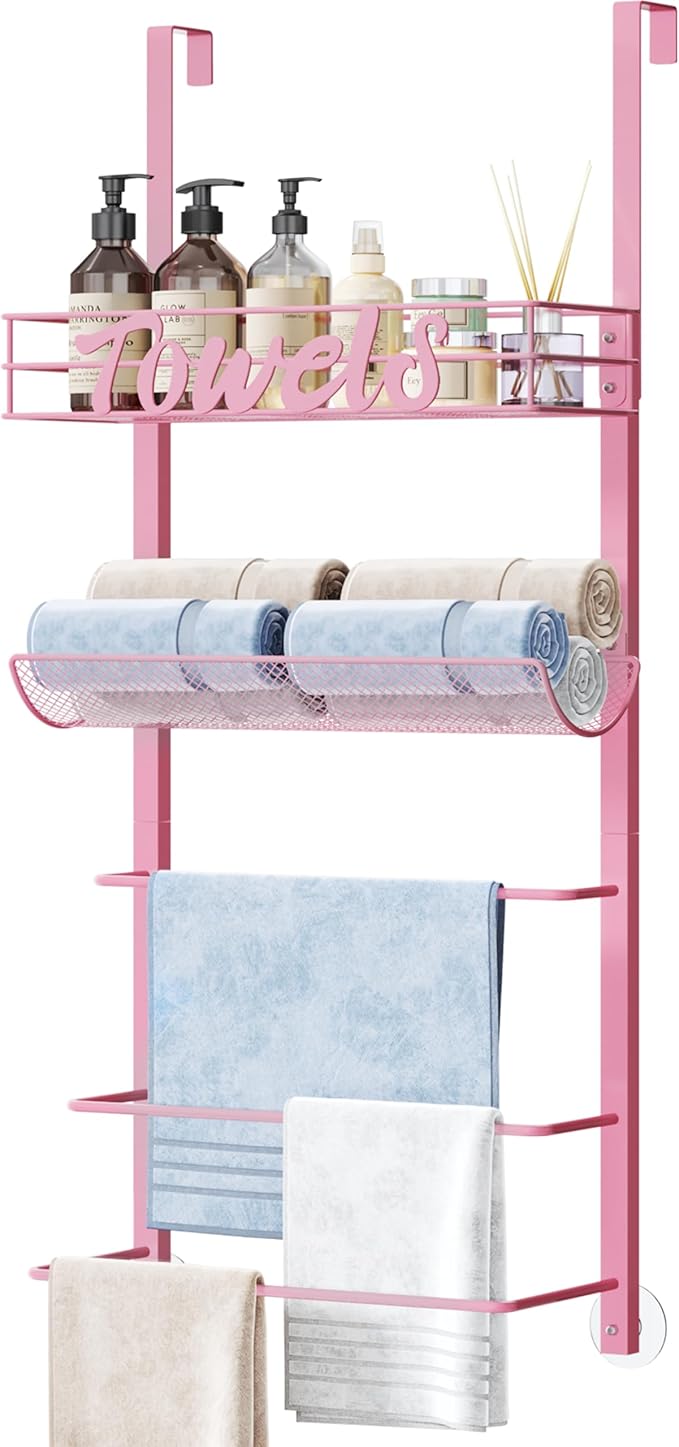 SWTYMIKI SWTYMIKI Over The Door Towel Racks for Bathroom - 5-Tier Wall Mounted Bathroom Towel Storage Organizer Holder with Metal Shelf, Pink