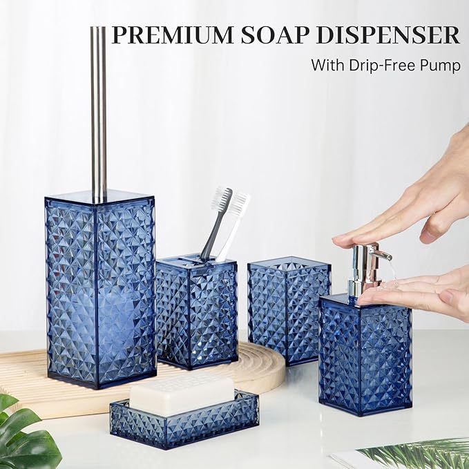 Bathroom Accessory Set, Grid Pattern 5 Pcs Plastic Bathroom Set Include Toilet Bursh, Soap Dispenser, Soap Dish, Toothbrush Holder, Mousewash Cup, Modern Bahtroom Décor Set(Dark Blue)