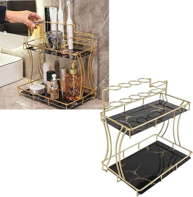 Double Layer Countertop Storage Rack, Bathroom Countertop Organizer with Electric Toothbrush Holder, Iron and Glass Counter Shelf for Toiletries and Cosmetics (Black Background Gold Grain)
