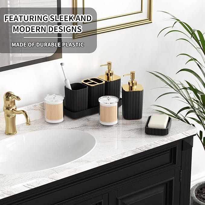 XLHOMO Bathroom Set - 26PC Bathroom Set with Shower Curtain and Rugs, Bathroom Accessory Set, Black Bathroom Accessories Set, Trash Can & Soap Dispenser
