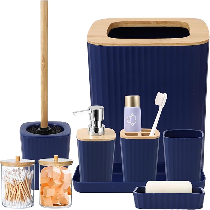 XLHOMO Blue Bathroom Set - Navy Blue Bathroom Accessories Set with with Trash Can,Toothbrush Holder,Toothbrush Cup,Soap Dispenser,Tray,Soap Dish,Toilet Brush,Qtip Holders for Bathroom Home Decor