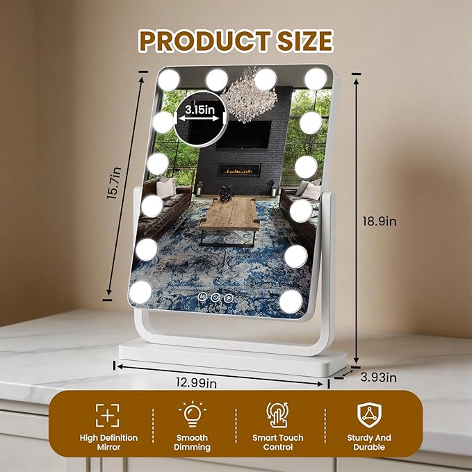 Vanity Mirror with Lights, 18"×15" Hollywood Makeup Mirror with 14 Dimmable Bulbs, 3-Color Lighting, Dimmable, 360° Rotation, 10x Magnification, Desk Mirror, Bedroom (White)
