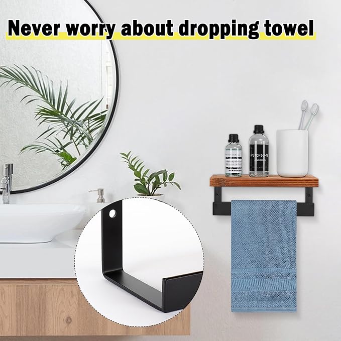 Hand Towel Holder/Towel Ring with Wooden Shelf, Hand Towel Rack, Hand Towel Hanger for Bathroom, Bath Accessories Wall Mounted, Matte Black (9"-Squ Shaped)