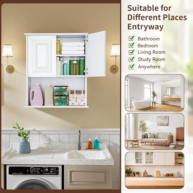 White Bathroom wall Cabinet,Over the Toilet Storage Cabinet,Bathroom and Laundry Wall Mount Storage Medicine Cabinet with Open and Adjustable Shelf,Easy Assembly (Style B-1 PC, White)