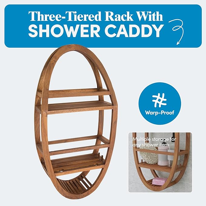 AquaTeak Patented Moa Oval Teak Shower Organizer - Hanging Shower Caddy with Wood Shelves, Hooks & Soap Holder - Durable, Water-Resistant Bathroom Storage with Space-Saving Design