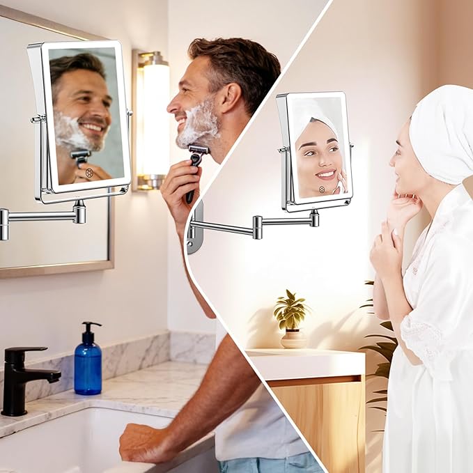 FUNTOUCH 5000mAh Rechargeable Wall Mounted Makeup Mirror with Lights, 8.7" Double Sided 1X/30X Magnifying Mirror with Dimmable 3 Color Light, Extended Swing Arm 360° Wall Mount Bathroom Vanity Mirror