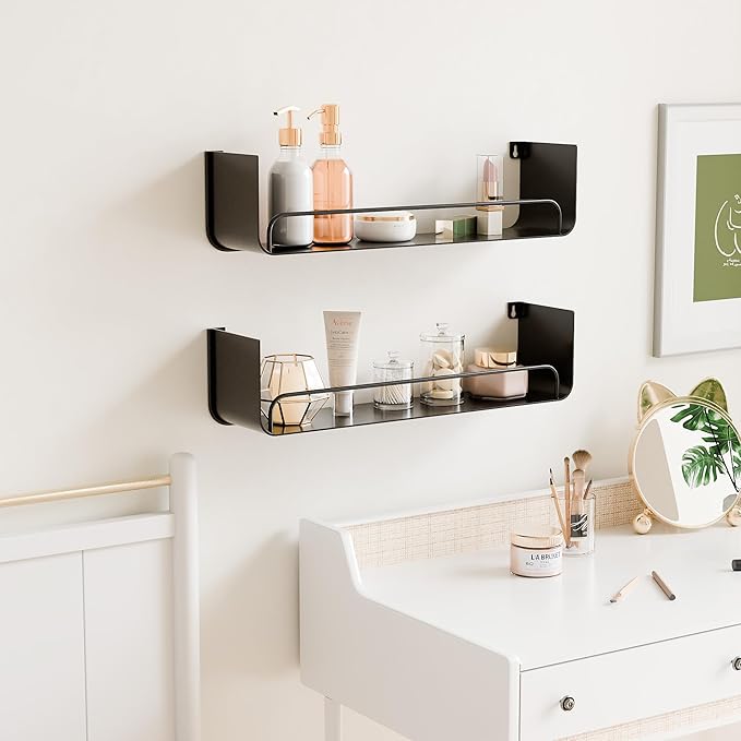 Black Metal Shelf, Modern Floating Bathroom Shelf With Guardrail, Upgrade U-Shaped Wall Mounted Metal Shelves for Kitchen, Living Room, Bedroom, Set 0f 2 Shelves for Home Storage and Organizer