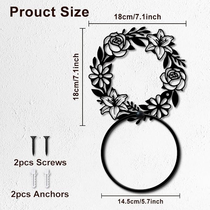 MAYJOYDIY Flower Garland Metal Towel Ring, Round Wreath Black Hand Towel Holder, Branch Leaves Hanging Ring Rose Lilies Wall Mounted Bathroom Accessories for Bathroom Kitchen Home Decoration Gift