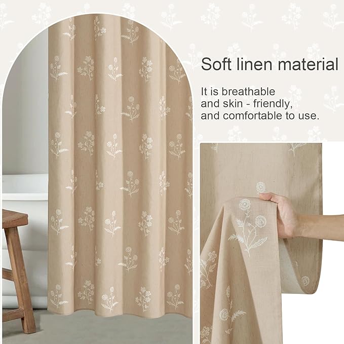 ORTIGIA Cottage Core Neutral Shower Curtain Linen Farmhouse Vintage Floral Block Print Shower Curtains Set Boho Rustic Decor for Bathroom 72 W x 72 L