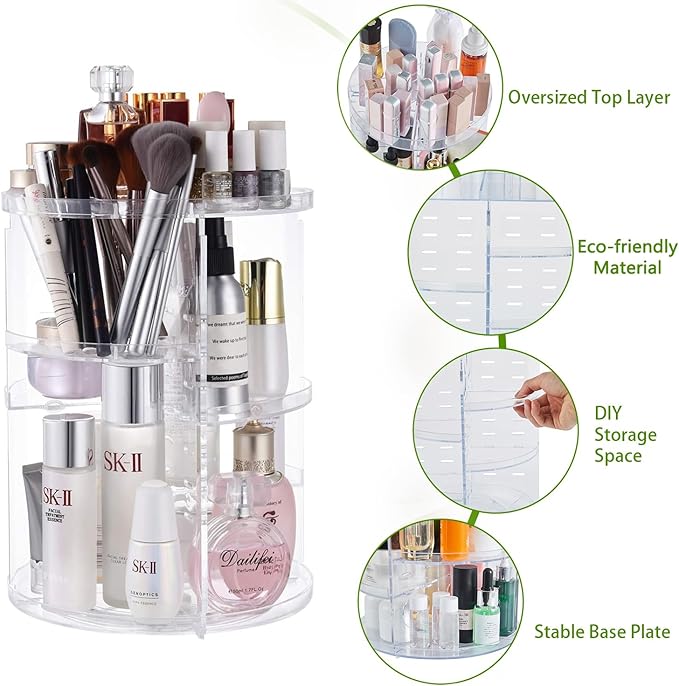DOZZZ 360 Rotating Makeup Organizer with DIY Adjustable Layers, Spinning Skincare Perfume Cosmetic Organizer with Brush Holder, Round Carousel Storage Display Case for Bathroom Countertop Vanity Clear