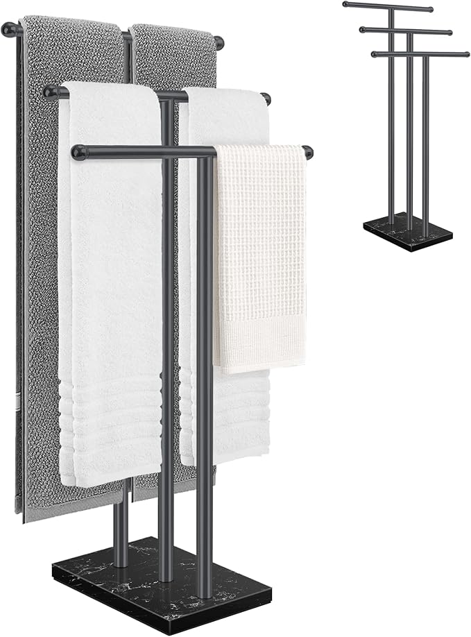 Standing Towel Rack with Marble Base, 3-Tier Free Standing Towel Racks for Bathroom, 40" Height Floor Towel Stand Holder for Bathroom, Black