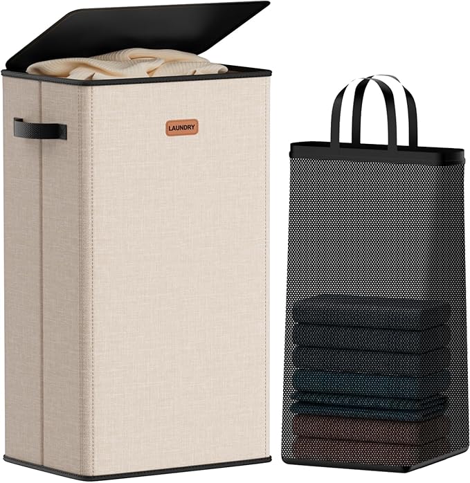100L Laundry Hamper with Lid, Large Clothes Hampers with Removable Bag, Collapsible Laundry Basket for Bathroom, Bedroom, Laundry Room, Dorm, Beige