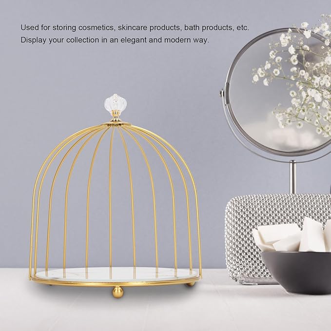 TOPINCN Cosmetics Organizer Shelf, Bathroom Desktop Metal Storage Holder for Makeup and Skincare, Bird Cage Gold Frame, 1 Tier Vanity Jewelry Display Tray for Bathroom Bedroom (White