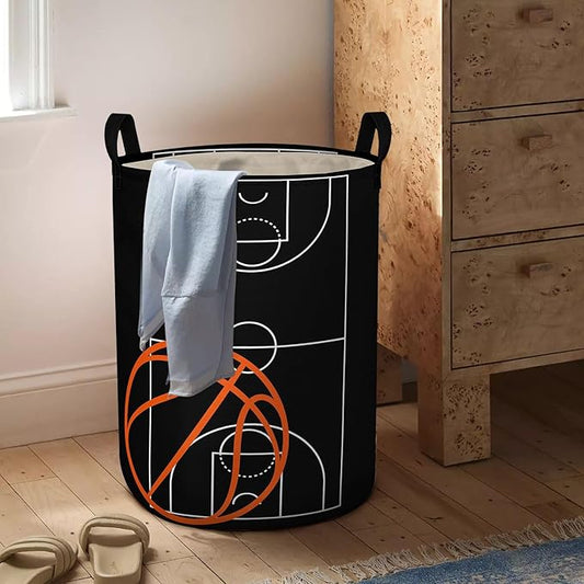 Basketball Boys Laundry Basket with Lining Kids Round Black Basketball Laundry Hamper Clothes Storage Bin Basket Organizer for Boy Room Decor