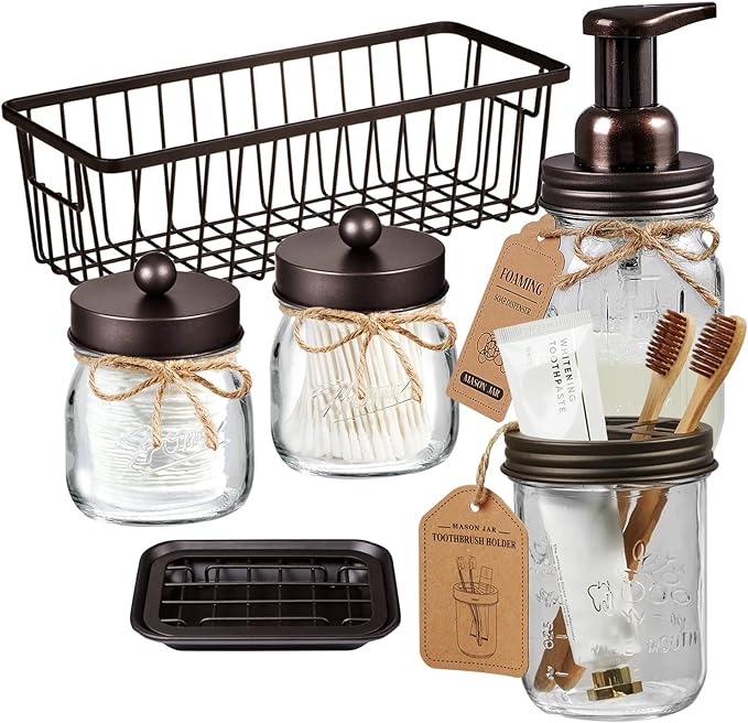 SheeChung 6Pack Mason Jar Bathroom Accessories Set - Foaming Soap Dispenser, Toothbrush Holder, 2Pack Qtip Holders, Bathroom Sink Set, Guest Towel Holder- Bronze