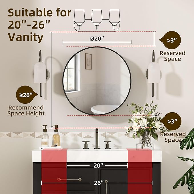 20 x 20 Inch Round Medicine Cabinet Mirror Black,Circular Bathroom Mirror with Storage Wall Mounted,Metal Framed Medicine Cabinets with Tempered Glass Adjustable Shelves for Bathroom Vanity