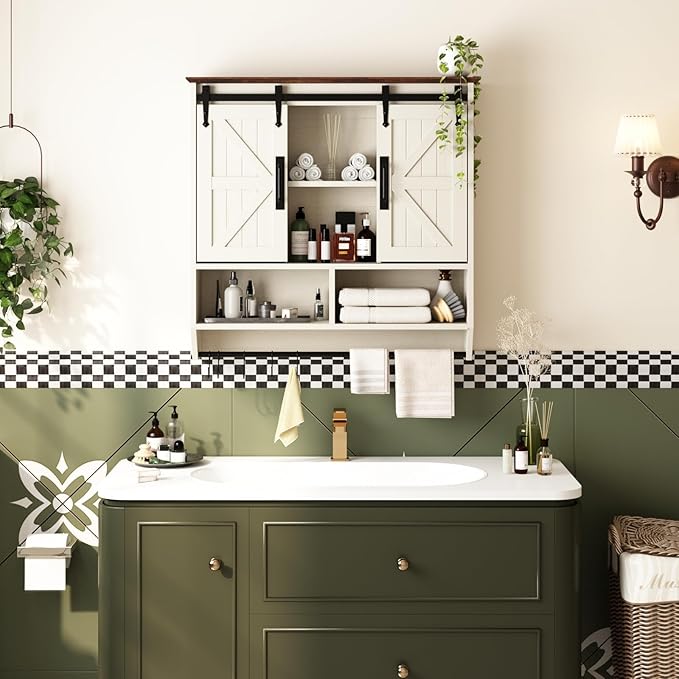 RUSTOWN Farmhouse Bathroom Wall Cabinet,3-Tier Rustic Wood Wall Mounted Cabinets,Vintage Medicine Cabinet with Sliding Barn Door and Adjustable Shelves,Over The Toilet Storage Cabinet (Vintage White)