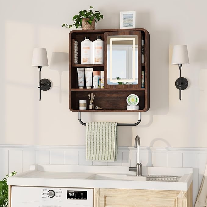 QUW Modern Bathroom Wall Cabinet, Medicine Cabinets with Mirror, Over The Toilet Storage Cabinet for Bathroom, Towel Bar, Sliding Door, 3 Lighting Modes, Adjustable Brightness, Dark Walnut