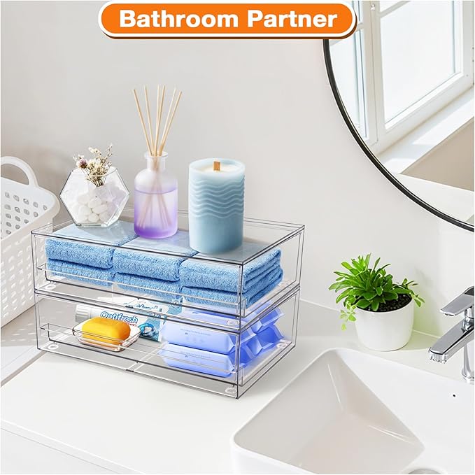 Clear Stackable Storage Drawers,2 Pack Plastic Organizers Bins for Makeup Organizer,Bathroom Makeup Organizer for Palettes,Cosmetic, and Beauty Supplies,Ideal for Vanity, Cabinet,Desk Organization