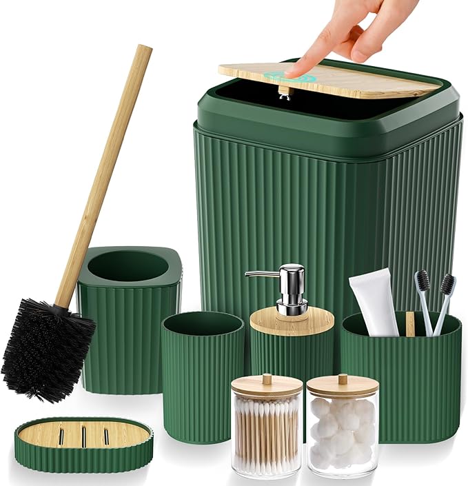 Bathroom Accessories Set - Unbreakable Green Bathroom Set, Trash Can, Toilet Brush with Holder, Soap Dispenser, Toothbrush and Toothpaste Holder, Tumbler Cup, Soap Dish, Qtip Holder, Bamboo Decor