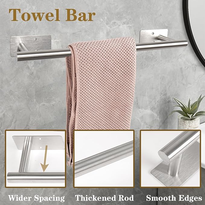 Self Adhesive Bath Towel Bar, Stainless Steel Towel Racks for Bathroom No Drilling Heavy Duty Towel Holder Stick on Wall Sturdy and Rustproof Towel Hanger for Bathroom(Brushed Nickel,16In)