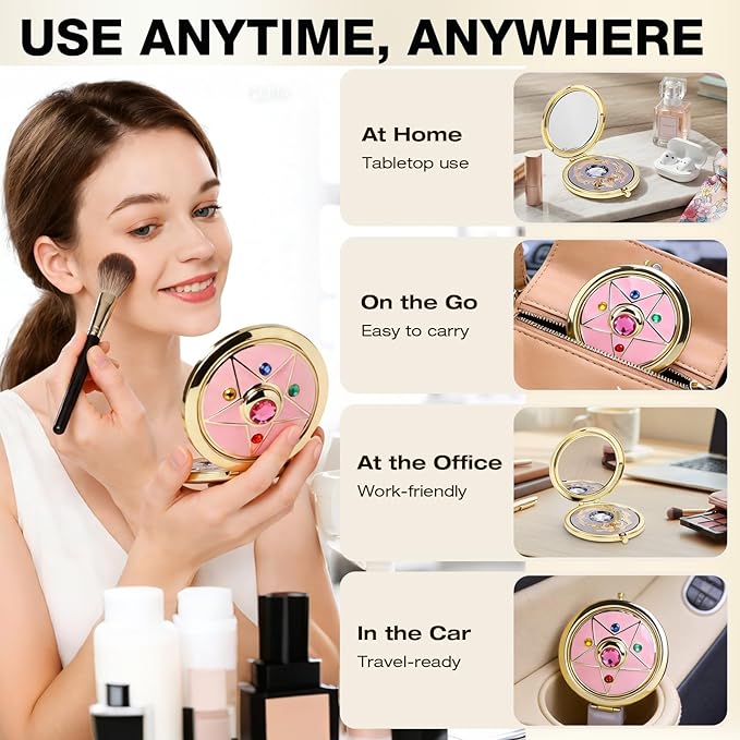Anime Star Makeup Mirror, Cute Japanese Style Portable Folding Mirror with Crystal - 2.75 Inch Travel Purse Mirror, Unique Cosmetic Mirror & Cosplay Prop Gift for Women and Girls