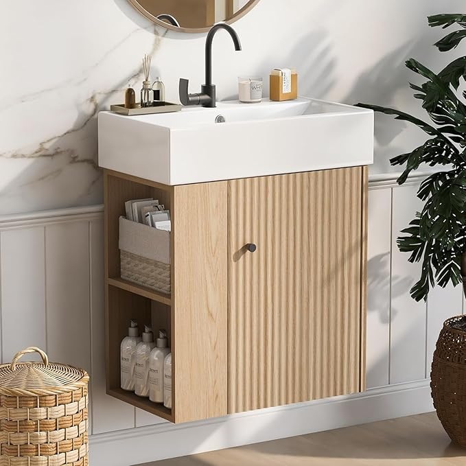 Virubi 21.6 in Floating Bathroom Vanity with Sink,Soft Closing Doors,Solid Wood Frame & MDF Modern Single Small Natural Wood Bathroom Vanity Cabinet with Open Shelf,Wall Mounted