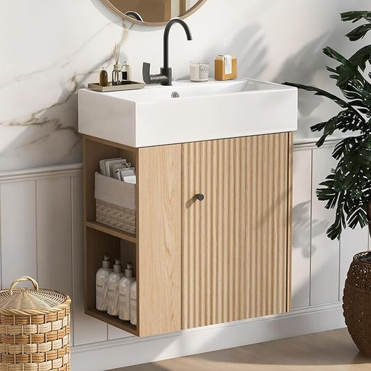Virubi 21.6 in Floating Bathroom Vanity with Sink,Soft Closing Doors,Solid Wood Frame & MDF Modern Single Small Natural Wood Bathroom Vanity Cabinet with Open Shelf,Wall Mounted