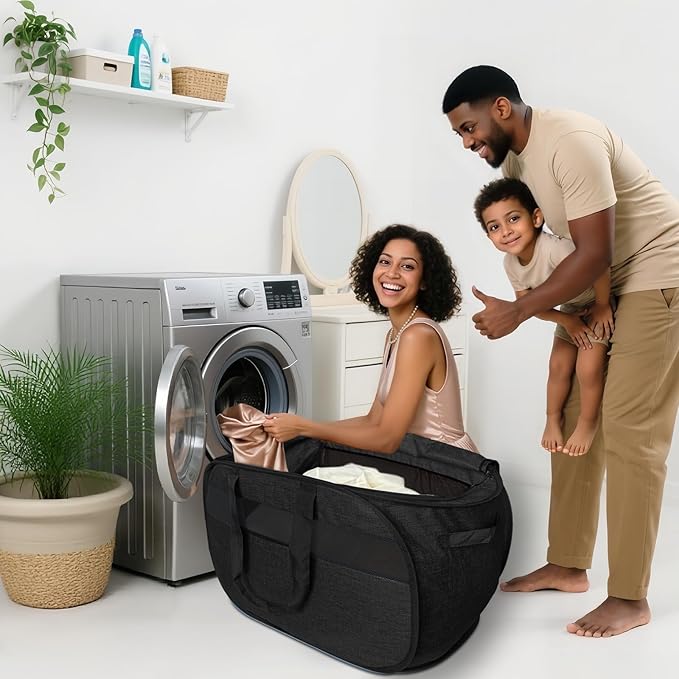Upgraded 100L Extra Large Mesh Pop Up Laundry Hamper with Lid & Handles, XL Foldable Dirty Clothes Basket for Home Dorm Closet Storage, Portable Laundry Bin, Black. H