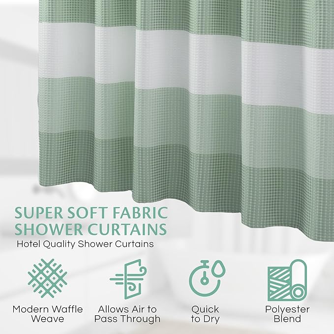 Dainty Home Ombre Waffle Shower Curtain with 12 Roller Ball Hooks - Spa Green 70" x 72" - Water Resistant Polyester Blend, Washable Shower Curtain - Perfect for Stylish Bathrooms