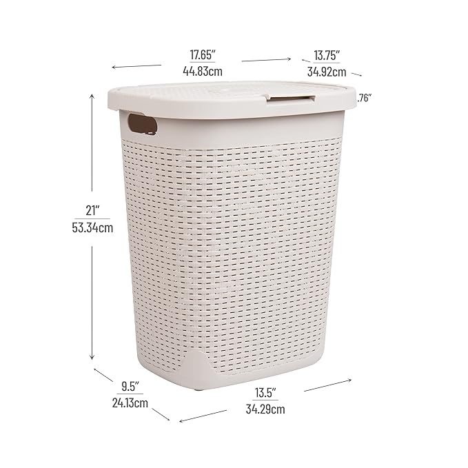 Mind Reader Slim Laundry Hamper with Lid, 50L Clothes Basket, Premium Wicker Design, Plastic, Ivory