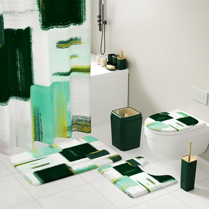 XLHOMO Bathroom Accessories Set - 26PCS Dark Green Bathroom Set, Bathroom Accessory Set with Shower Curtain and Rugs and Bathtub Mats for Home
