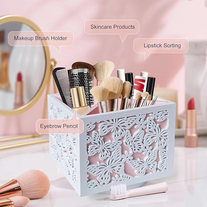 360 Rotating Makeup Brush Holder with Butterfly Cutout, Pink Makeup Brush Organizer for Vanity - 4 Compartment Spinning Wooden Desk Organizer for Pens, Lipsticks, Eyebrow Pencils