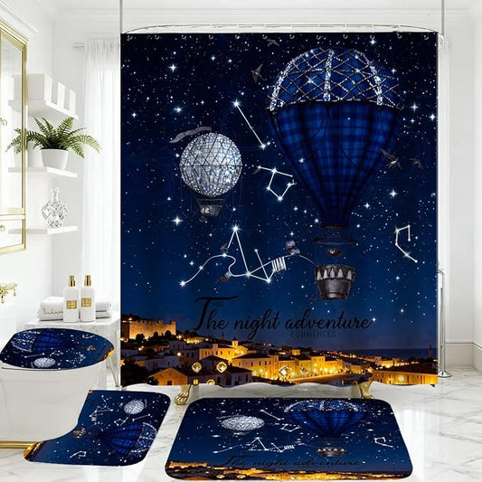 4 Piece Starry Night Shower Curtain Set with Rugs, Blue Hot Air Balloon Adventure Art Bathroom Decor, Waterproof Fabric Curtain with Non-Slip Bath Mats & Toilet Lid Cover, Romantic Night Sky Aesthetic