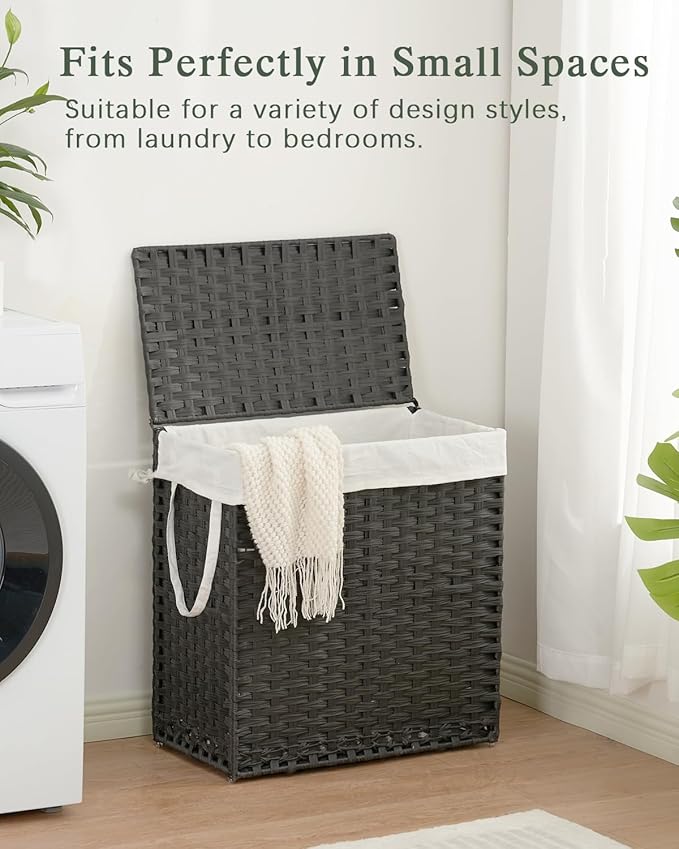SETVSON Laundry Hamper with Lid Wicker Laundry Basket 112 L (29.6 Gal) Laundry Hampers Handwoven Rattan Clothes Hamper with Handles 3 Removable Liner Bag, 6 Mesh Bags for Bathroom Bedroom Black