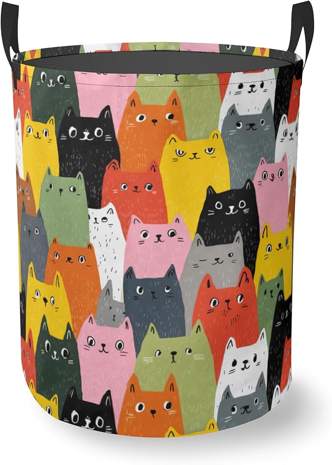 Colorful Cat Laundry Basket With Handles Tote Bag Oxford Cloth Funny Laundry Hamper Clothes Storage Bucket Toy Organizer 16" X 20.8"For Bathroom/Laundry/Bedroom