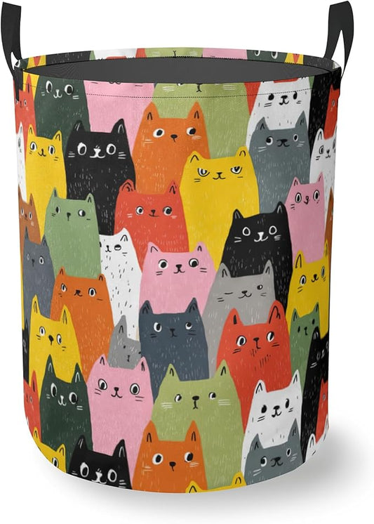 Colorful Cat Laundry Basket With Handles Tote Bag Oxford Cloth Funny Laundry Hamper Clothes Storage Bucket Toy Organizer 16" X 20.8"For Bathroom/Laundry/Bedroom