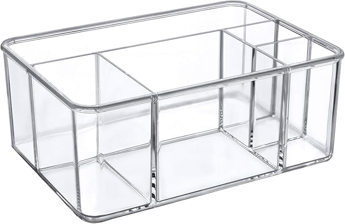 Amazing Abby - Glamour - Acrylic 5-Compartment Makeup Organizer (1-Pack), Transparent Plastic Beauty Supply Holder, Perfect Bathroom Vanity Storage for Makeup Palettes, Makeup Brushes, and More