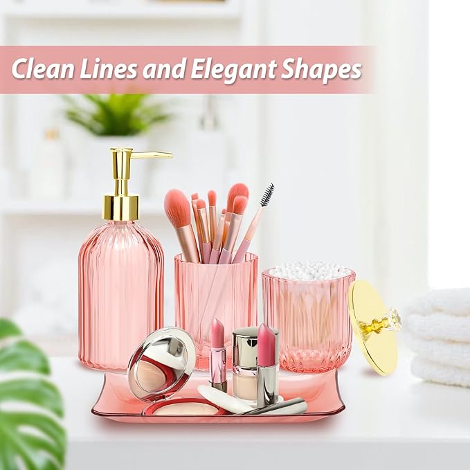 Jenseits Pink Bathroom Accessories Set, 4 Pcs Glass Bathroom Accessory Sets, Soap Dispenser, Toothbrush Holder, Qtip Holder, Vanity Tray, Housewarming Dorm Apartment Decor Home Essentials Gift For Her