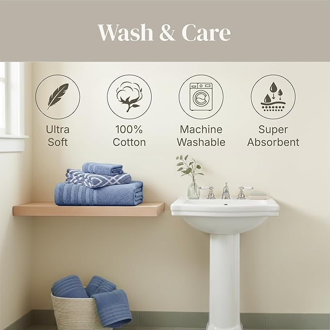 Modern Threads Classic Diamond 6-Piece 100% Cotton Towel Set – Yarn Dyed Jacquard – Includes 2 Bath Towels, 2 Hand Towels, 2 Washcloths – Absorbent, Quick Dry, Soft & Durable – Blue