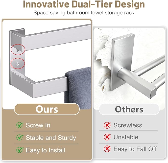 TNOMS Brushed Nickel Double Towel Bar,Towel Rack for Bathroom Stainless Steel Wall-Mounted Bathroom Hardware Accessories 32 Inch