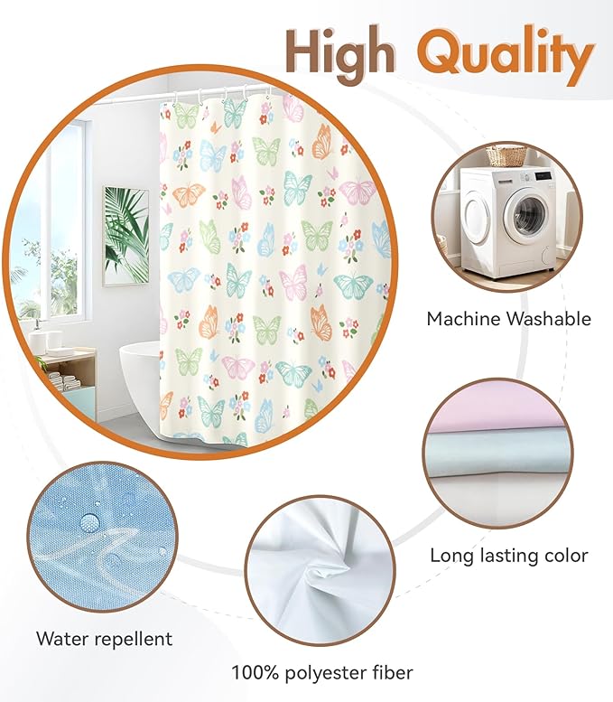 MAMUSE Shower Curtain for Bathroom - Cute Aesthetic Decorative Modern Girly Unique Girls Design Pretty Women Waterproof Fabric Cloth Cortinas de Baño Bathtub 72 x 72 Inch, Fresh Butterfly