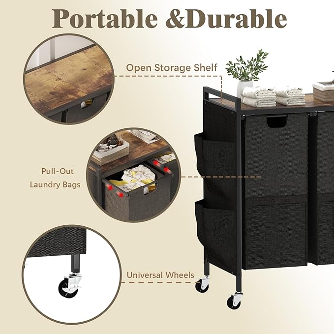 Huhote Laundry Hamper, Laundry Basket, Laundry Sorter with Top Shelf & 3 Removable Washable Bags & Side Pockets for Laundry Room organization, Bathroom and Dorm, Rustic Brown and Black