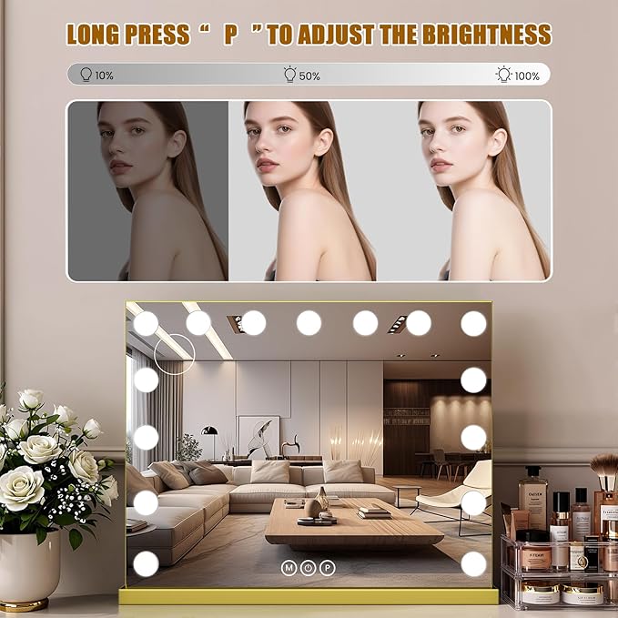 Vanity Mirror with Lights, 23"×18" Large Hollywood Makeup Mirror with 15 Dimmable Bulbs, 3-Color Lighting, Dimmable, 10x Magnification, Desk Mirror, Bedroom (Gold)