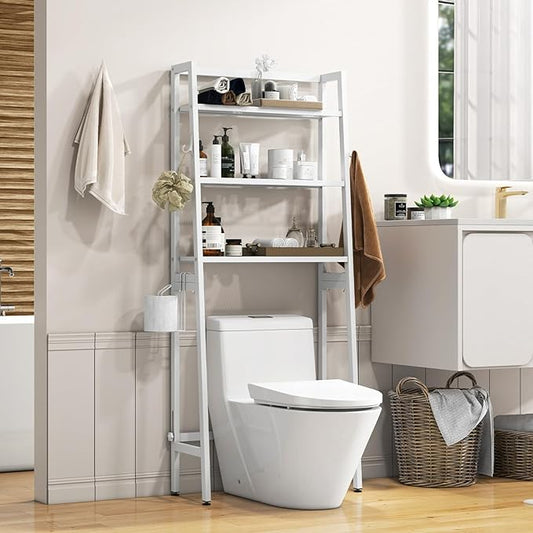 Nightcore Over-The-Toilet Storage, 3-Tier Freestanding Bathroom Organizer Shelf w/ 2 Hanging Hooks & Toilet Paper Holder, Multifunctional Metal Toilet Storage Rack for Bathroom Laundry (White)