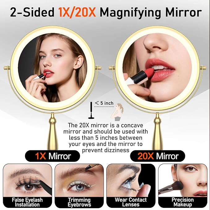 Vanity Mirror with Lights, 9'' Lighted Makeup Mirror, 1X/30X Double Sided Magnifying Mirror, 5000mAh Rechargeable, 3 Color Dimmable LED, 360° Rotation Desk Mirror for Makeup & Skincare, Gold