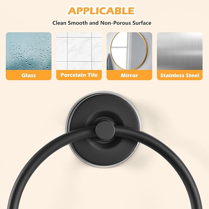 YOHOM Suction Cup Towel Ring Hand Towel Holder for Bathroom Vacuum Suction Washcloth Holder Dish Towel Hanger for Shower Wall No Drill Stainless Steel Matte Black, 2 PCS