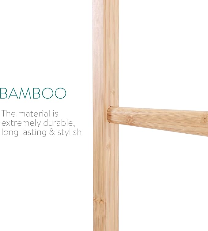 Navaris Bamboo Towel Ladder - Wooden Rack Rail Blanket, Towel, Clothes, Linen Railing Hanger for Bathroom, Bedroom - Bamboo Wood Towel Holder Stand