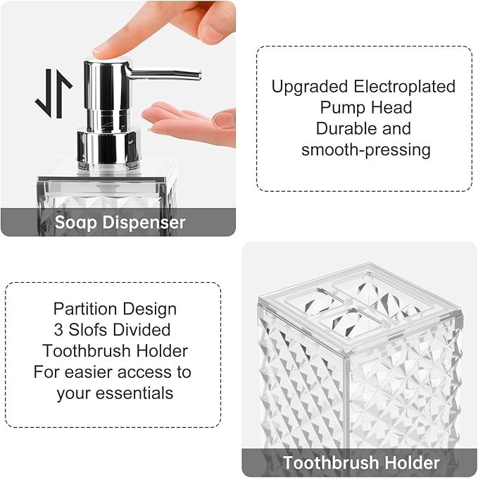 Bathroom Accessories Set 2 PCS, White Bathroom Accessories Include Soap Dispenser and Toothbrush Holder, Diamond Pattern Bathroom Set for Boho Bathroom Decor