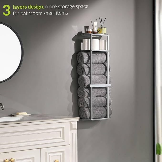 simpletome Towel Racks for Bathroom Storage Shower Organizer 31 inch Wall Mounted with Shelves Can Holds 6 Large Towels Thickened Carbon Steel (Silver Grey)